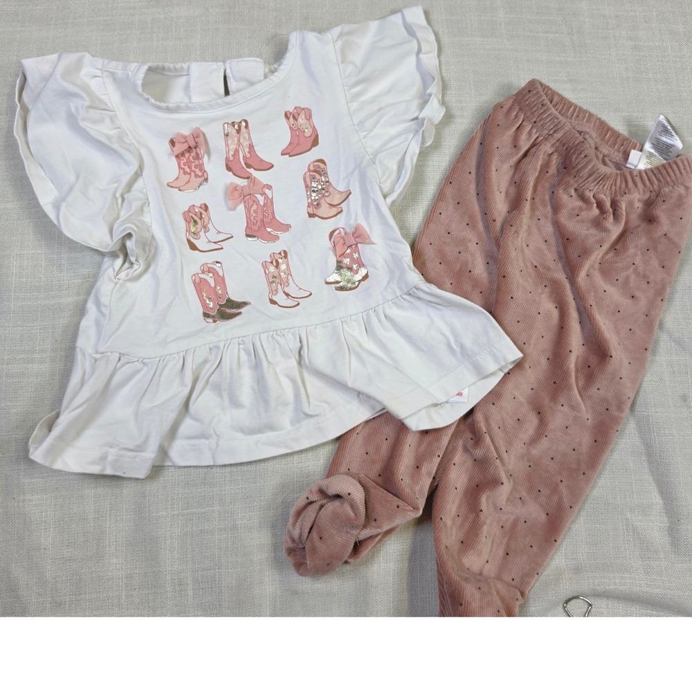 Cynthia Rowley Baby Girl Cowboy Boot Top and Corduroy Pants Set 12M Pink White